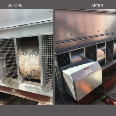 Before and after pictures of a complete rebuild of a fan section on a closed circuit fluid cooler